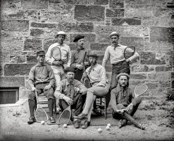 Boston circa 1895. "Seven lawn tennis players posed outdoors holding tennis racquets." 8x10 glass negative by Charles Henry Currier. View full size.
