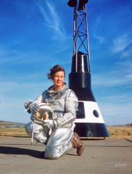 October 1959. "Pilot and auto test driver Betty Skelton at McDonnell Aircraft Corp., St. Louis. She is undergoing a multitude of physiological tests to assess her fitness to become an astronaut." 35mm Kodachrome by Bob Sandberg for the Look magazine assignment "Girl Astronaut -- Lady wants to orbit." View full size.