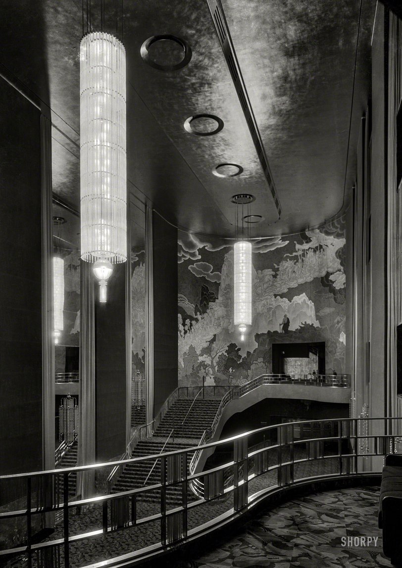 Radio City Music Hall: 1932 December 9, 1932. "International Music Hall, Radio City, New York. Foyer from balcony." Large-format acetate negative by Gottscho-Schleisner. View full size.