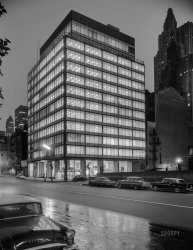 May 1958. "Girl Scouts of U.S.A. building, Third Avenue and E. 51st Street, New York City. Exterior at night." 4x5 inch acetate negative by Gottscho-Schleisner. View full size.