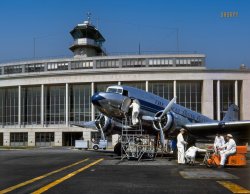 Arlington, Virginia, ca. 1950. "Washington National Airport -- Eastern Air Lines DC-3 (NC25651) being serviced." 4x5 inch Kodachrome transparency by Theodor Horydczak. View full size.