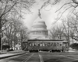 March 12, 1961. "D.C. Transit trolley in front of the U.S. Capitol." 8x10 inch gelatin silver print by railroad historian Ara Mesrobian. View full size.