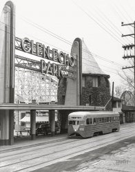 February 8, 1959. Montgomery County, Maryland. "Glen Echo Park entrance with trolley to Union Station in front." Gelatin silver print by Ara Mesrobian (1924-2019). View full size.
