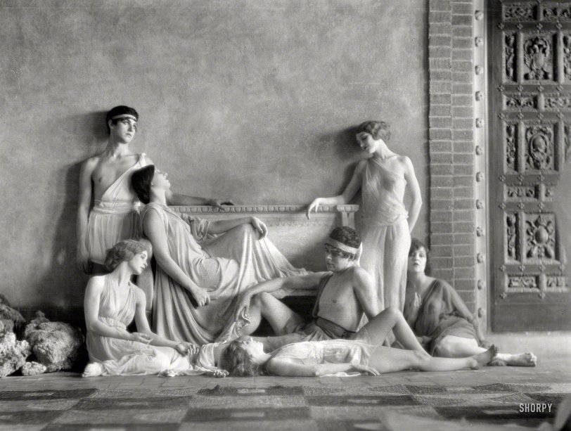 Circa 1927. "Denishawn dancers." Photographed during what seems to be a lull in the toga party. 4x5 nitrate negative by Arnold Genthe. View full size.