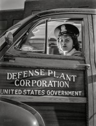 October 1942. Milwaukee, Wisconsin. "Women in war. Supercharger plant workers. To replace men who have been called to armed service, many young girls like 19-year-old Jewel Halliday are taking jobs never before held by women. Her job is shuttling workers between two Midwest war plants for Allis-Chalmers Manufacturing Co." Photo by Ann Rosener for the Office of War Information. View full size.
