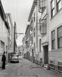 February 1936. "Card Alley. North Beach District (Italians). San Francisco, California." 4x5 acetate negative by Dorothea Lange. View full size.