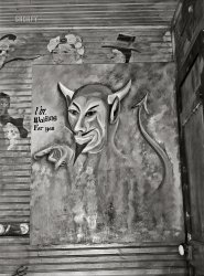 September 1938. "Interior views of barrooms. Decoration painted by itinerant artist in back room of bar. Raceland, Louisiana." Acetate negative by Russell Lee for the FSA. View full size.