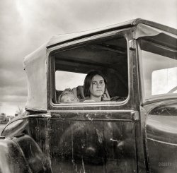 November 1938. Shafter, California. "During the cotton strike, the father, a striking picker, has left his wife and child in the car while he applies to the Farm Security Administration for an emergency food grant." Medium format negative by Dorothea Lange for the Farm Security Administration. View full size.