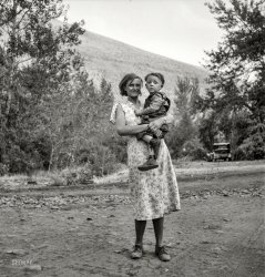 August 1939. Yakima Valley, Washington. "Champion hop picker in squatter camp before the season opens. Earned five dollars a day in the 1938 season. Age 23, been on the road seven years. Married. 'I think I did pretty well, only have one baby. Want to get out of this living like a dog'." Medium format nitrate negative by Dorothea Lange for the Resettlement Administration. View full size.