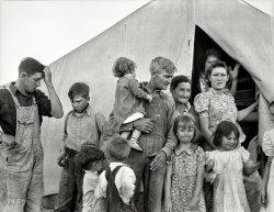 February 1939. Brawley, Imperial County, California. "In Farm Security Administration migrant labor camp during pea harvest. Family from Oklahoma with eleven children. Father, eldest daughter and eldest son working. She: 'I want to go back to where we can live happy, live decent, and grow what we eat.' He: 'I've made my mistake and now we can't go back. I've got nothing to farm with'." Photo by Dorothea Lange for the Farm Security Administration. View full size.