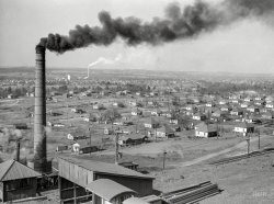 February 1937. "Company steel town. Birmingham, Jefferson County, Alabama." The stomping grounds of our namesake Shorpy Higginbotham, killed in a mining accident in 1928. Acetate negative by Arthur Rothstein for the Resettlement Administration. View full size.