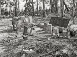 January 1939. "Migratory packinghouse worker's child playing 'school' near Canal Point, Florida." Medium format acetate negative by Marion Post Wolcott. View full size.