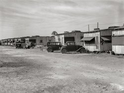 January 1939. "Migratory laborers' camp. Single-room cabin costs $2.50, double room $4 per week. Water hauled, 55 cents for 55-gallon tank. Toilet for about 150 people. Near Belle Glade, Florida." Photo by Marion Post Wolcott, Farm Security Administration. View full size.