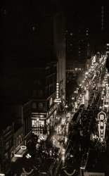 May 1940. Memphis, Tennessee. "Main Street at night during Cotton Carnival." Acetate negative by Marion Post Wolcott for the Farm Security Administration. View full size.