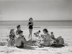 January 1941. "Guests of Sarasota trailer park picnicking at the beach." Medium format acetate negative by Marion Post Wolcott for the Farm Security Administration. View full size.