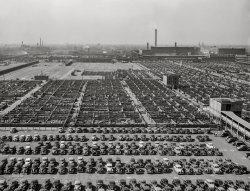 July 1941. "Union Stockyards, Chicago. Employees' parking lot in the foreground." Medium format acetate negative by John Vachon for the Farm Security Administration. View full size.