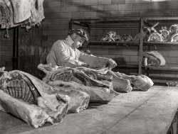 July 1941. "The beef cut. Packing plant in Austin, Minnesota." Medium format acetate negative by John Vachon for the Farm Security Administration. View full size.