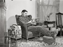 &nbsp; &nbsp; &nbsp; &nbsp; UPDATE: The address label on that "Silver Screen" in the magazine rack is for a Lee Wagner, not "Wagoner."
November 1941. "Lee Wagoner, Black Canyon Project farmer, at home. Canyon County, Idaho." Medium format negative by Russell Lee for the Farm Security Administration. View full size.