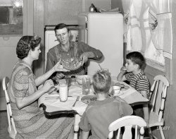 February 1942. Woodville, Calif. "FSA farm workers' community. Agricultural worker and his family in their garden house." Photo by Russell Lee for the Farm Security Admin. View full size.