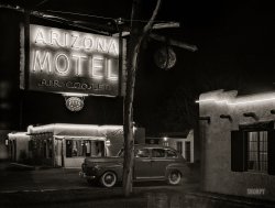 February 1942. "Tourist court. Phoenix, Arizona." An early example of Desert Neon Noir. Medium format negative by Russell Lee for the Farm Security Administration. View full size.
