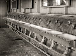 July 1942. Rupert, Idaho. "Minidoka War Relocation Center -- former CCC camp now under FSA  management. Wash bowls used by the Japanese-Americans." Acetate negative by Russell Lee for the Farm Security Administration/Office of War Information. View full size.