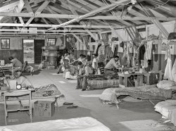 July 1942. "Rupert, Idaho. Japanese-American farm workers at an FSA camp formerly used by CCC boys (Civilian Conservation Corps). Barracks, sanitary facilities, laundry, clinic, etc." Euphemistically known at the time as the Minidoka War Relocation Center. Medium format acetate negative by Russell Lee for the Farm Security Administration. View full size.