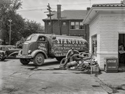 July 1942. "Detroit, Michigan (vicinity). Standard Oil truck used during a rubber scrap drive." 4x5 inch acetate negative by Arthur Siegel for the Farm Security Administration. View full size.