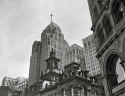 July 1942. "Top of Detroit City Hall dwarfed by the modern Penobscot Building in the background." Photo by Arthur Siegel for the Farm Security Administration. View full size.