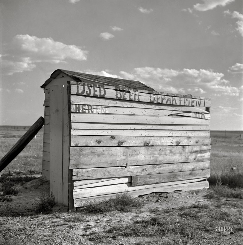 Dept. of Beer: 1942 August 1942. "Midway, Bingham County, Idaho. Sanitary facilities." Medium format nitrate negative by Russell Lee for the Office of War Information. View full size.
