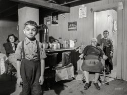 January 1941. "The family of Peter V. Andrews, Portuguese. FSA clients. They run a small seven-acre vegetable farm near Falmouth, Massachusetts. Just got the first cow they ever had, of which they are very proud. Mr. Andrews works as a day laborer at a nearby Army camp." Medium format acetate negative by Jack Delano for the Farm Security Administration. View full size.