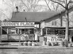 February 1936. "Roadside fruit. Ponchatoula, Tangipahoa Parish, Louisiana." The oyster-and-banana stand last glimpsed here. Special appearance by (we guess) George himself. 8x10 inch nitrate negative by Walker Evans for the Resettlement Administration. View full size.