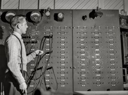 May 1942. "Jim Tillma, a senior in the engineering college, in the electrical engineering laboratory. University of Nebraska, Lincoln." Acetate negative by John Vachon. View full size.