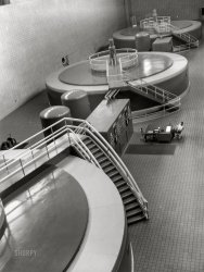 August 1942. "Tennessee Valley Authority. Generator hall of the powerhouse at Chickamauga Dam. Located near Chattanooga, 471 miles above the mouth of the Tennessee River, the dam has an authorized power installation of 81,000 kilowatts, which can be increased to a possible ultimate of 108,000 kw. The reservoir at the dam adds 377,000 acre-feet of water to controlled storage on the Tennessee River system. The power that goes out over its 154,000 volt transmission line serves many useful domestic, agricultural and industrial uses." Acetate negative by Jack Delano for the U.S. Foreign Information Service. View full size.
