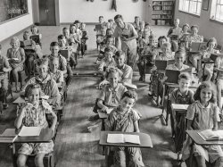 July 1942. "Dunklin County, Missouri. Children in a consolidated rural school." Medium format acetate negative by Arthur Rothstein for the Office of War Information. View full size.