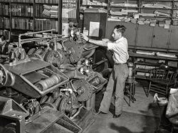 November 1942. "Chicago, Illinois. A pneumatic tube system connects the main yard office with yardmaster offices throughout the Illinois Central railyard. Switch lists and other communications are quickly sent in this way." Medium format acetate negative by Jack Delano for the Office of War Information. View full size.