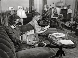 November 1942. "Lititz, Pennsylvania. Small town in wartime. Mrs. Julian Bachman at home with her family. She's twenty-three, has been married one year, and works at the Animal Trap Company from 7 to 4. Her husband is in Officer Candidate School of the U.S. Army Air Corps in Kentucky, so she lives with her parents. Her brother is sixteen and in high school." Acetate negative by Marjory Collins for the Office of War Information. View full size.