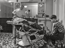 November 1942. "Lititz, Pennsylvania. Wartime activities of a small town. Mr. Pennepacker, one of seven barbers in town, has sixty less haircuts a month since the boys left town." Acetate negative by Marjory Collins for the Office of War Information. View full size.