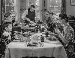 November 1942. "Neffsville, Pennsylvania. Thanksgiving dinner at the house of Earle Landis." Acetate negative by Marjory Collins for the Office of War Information. View full size.
