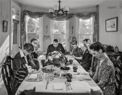 November 1942. "Neffsville, Pennsylvania. Saying grace before carving the turkey at Thanksgiving dinner in the home of Earle Landis." The relish tray and Mrs. Landis make an appearance. Acetate negative by Marjory Collins, Office of War Information. View full size.