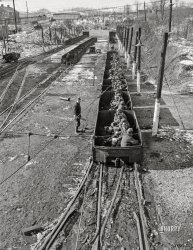 November 1942. "Pittsburgh, Pennsylvania (vicinity). Westland coal mine. 'Mantrip' going into a drift mine." Acetate negative by John Collier for the Office of War Information. View full size.
