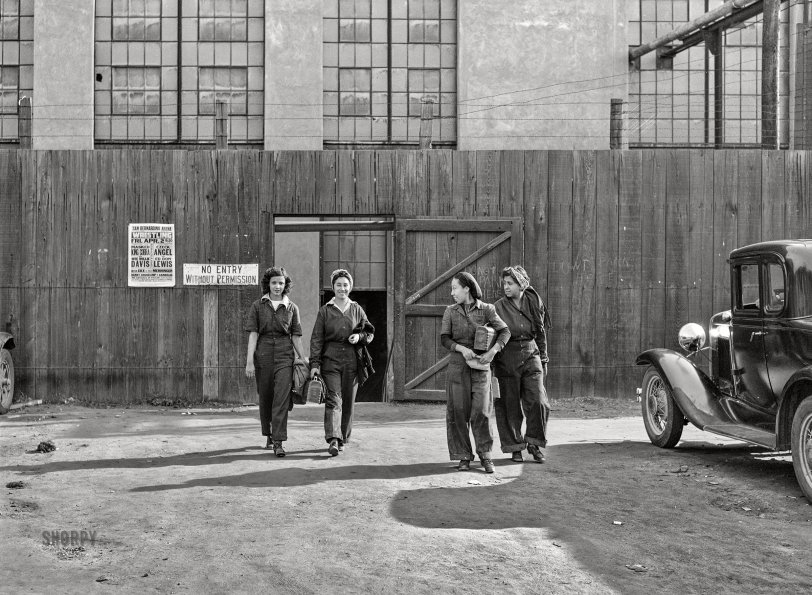 King Cobra vs. Wee Willie: 1943 March 1943. "San Bernardino, California. Women workers employed at the Atchison, Topeka and Santa Fe Railroad shops coming out at the end of the day's shift." Medium format acetate negative by Jack Delano for the Office of War Information. View full size.
