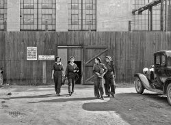 March 1943. "San Bernardino, California. Women workers employed at the Atchison, Topeka and Santa Fe Railroad shops coming out at the end of the day's shift." Medium format acetate negative by Jack Delano for the Office of War Information. View full size.