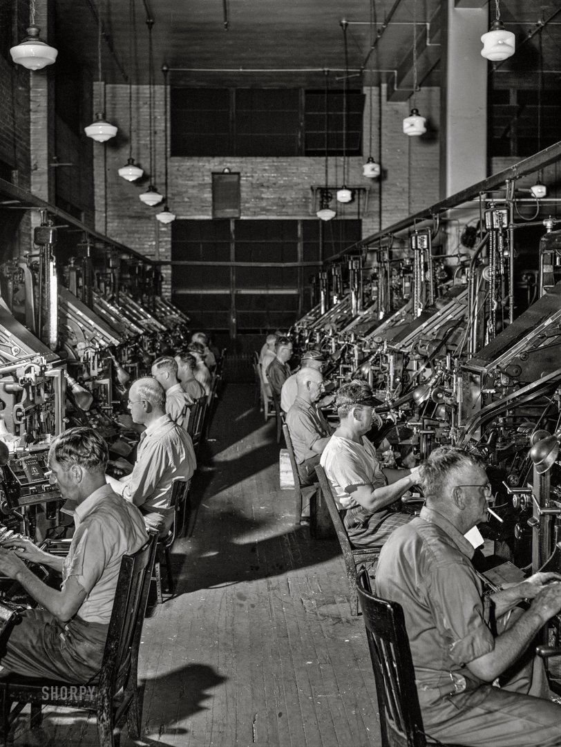 Hot Lead: 1943 April 1943. "Dallas, Texas. Linotype operators at the Dallas Morning News." Medium format acetate negative by John Vachon for the Office of War Information. View full size.