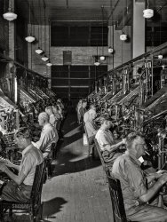 April 1943. "Dallas, Texas. Linotype operators at the Dallas Morning News." Medium format acetate negative by John Vachon for the Office of War Information. View full size.