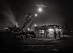 May 1943. "Bethlehem-Fairfield shipyards, Baltimore, Maryland. The canteen building at night." Acetate negative by Arthur Siegel for the Office of War Information. View full size.