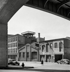 April 1943. "Baltimore, Maryland. Street under viaduct." Where the manufacturing is Dependable and the hams are Reliable. Photo by Marjory Collins for the Office of War Information. View full size.
