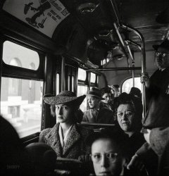 &nbsp; &nbsp; &nbsp; &nbsp; The shutter clicked as she fingered the cold steel of the pistol in her purse. "No one suspects," she muttered under her breath, fixing her gaze on the Nazi spy at the front of the coach ...
April 1943. "Baltimore, Maryland. Crowded bus carrying people to work at 8 a.m." Photo by Marjory Collins for the Office of War Information. View full size.