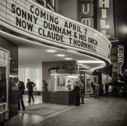 April 1942. "Hollywood, California. Sign and ticket window of a large dance palace." The Hollywood Palladium on Sunset Boulevard. Medium format nitrate negative by Russell Lee for the Office of War Information. View full size.