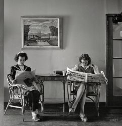May 1943. Arlington, Virginia. "Reading the Sunday paper at Arlington Farms, duration residence halls for women war workers." Medium format nitrate negative by Esther Bubley for the Office of War Information. View full size.
