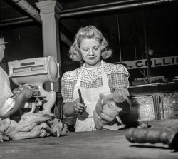 June 1943. Washington, D.C. "Betty Jane Colbert, a worker at the Arcade butcher shop, dismembering a chicken." Medium format nitrate negative by Esther Bubley for the Office of War Information. View full size.